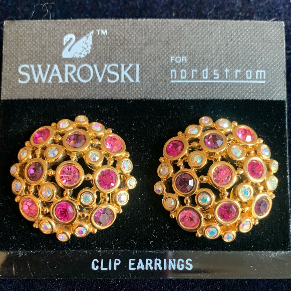 Vintage Swarovski Gold Tone Multi Colored Crystal  Clip-on Earrings BRAND NEW